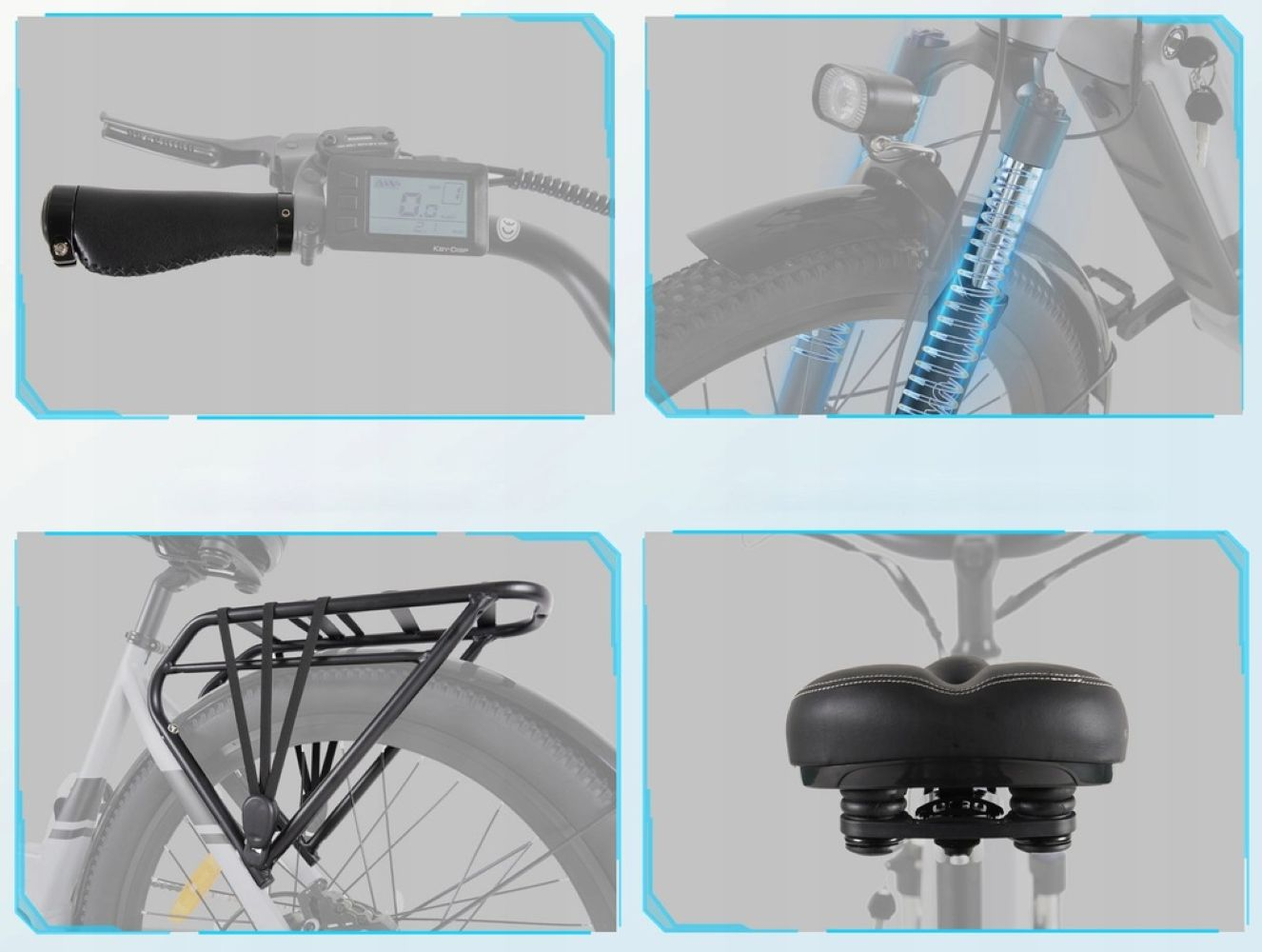 Primeros planos de una bicicleta eléctrica. Detalles incluyen manillar, suspensión, portaequipajes trasero y asiento acolchado. Todos negros.
