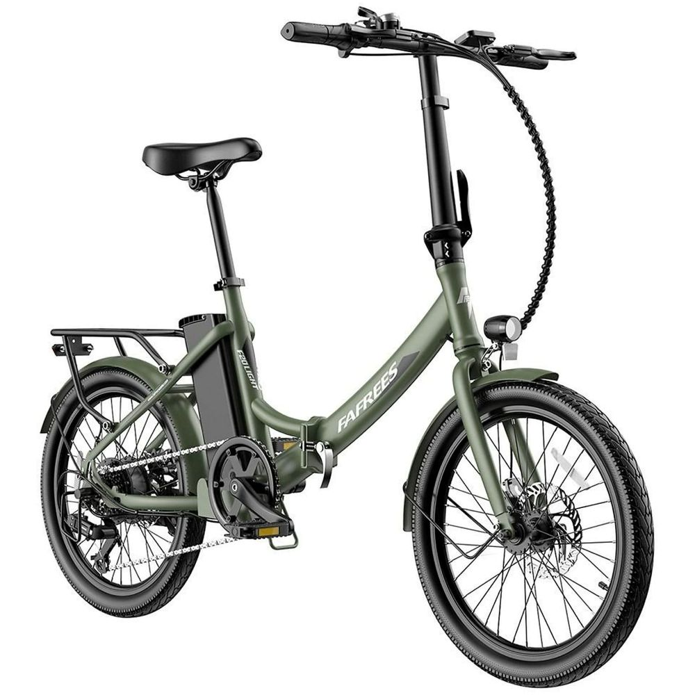 Una bicicleta eléctrica plegable verde. Tiene neumáticos negros, un asiento negro y una baca. La marca es visible.