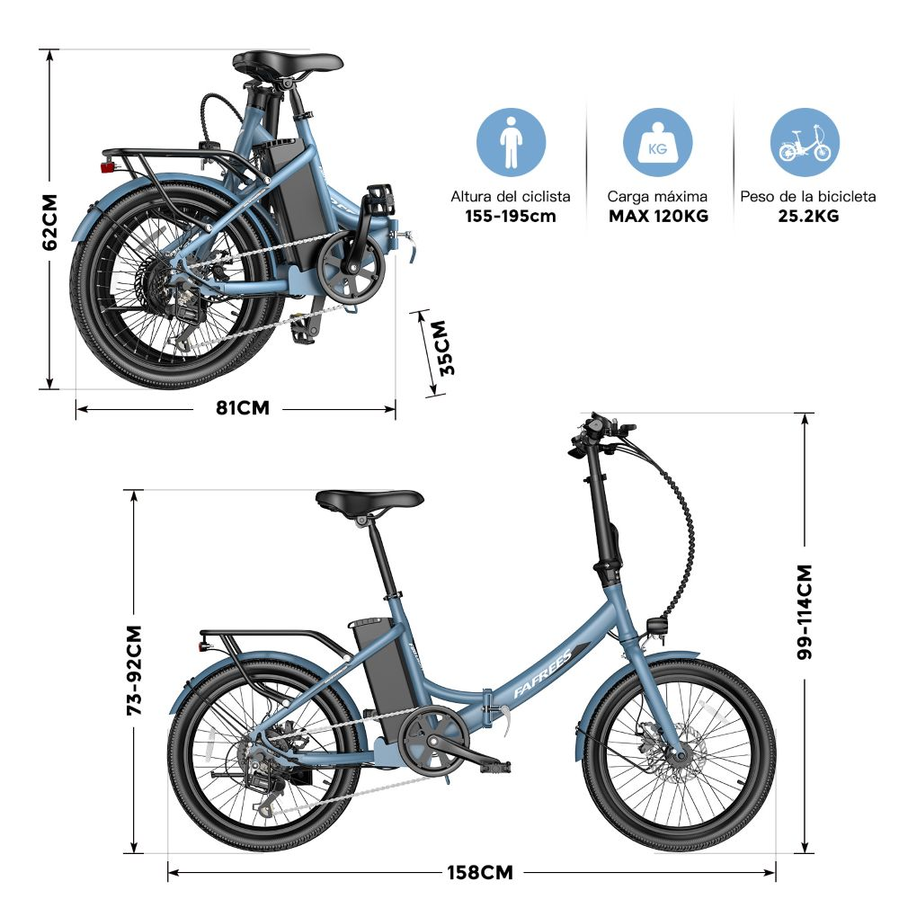 Una bicicleta eléctrica azul, con dimensiones y especificaciones. Muestra detalles como la altura del ciclista, carga máxima y peso.