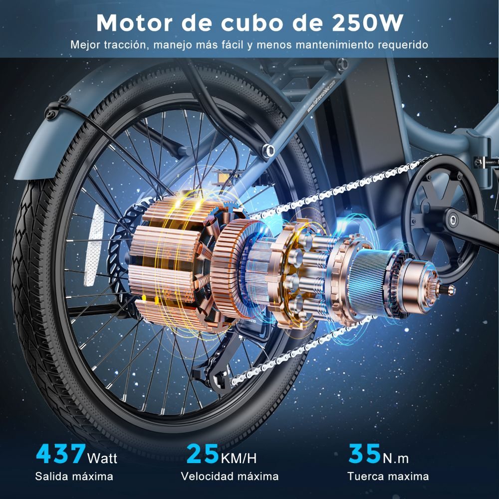 Una rueda de bicicleta eléctrica con una vista detallada de su motor. También se muestra información sobre potencia, velocidad y par.