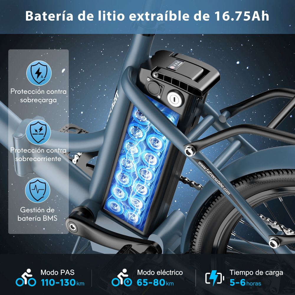 Una bicicleta eléctrica con batería de litio extraíble, mostrando características de seguridad y métricas de rendimiento, incluyendo tiempo de carga y alcance.