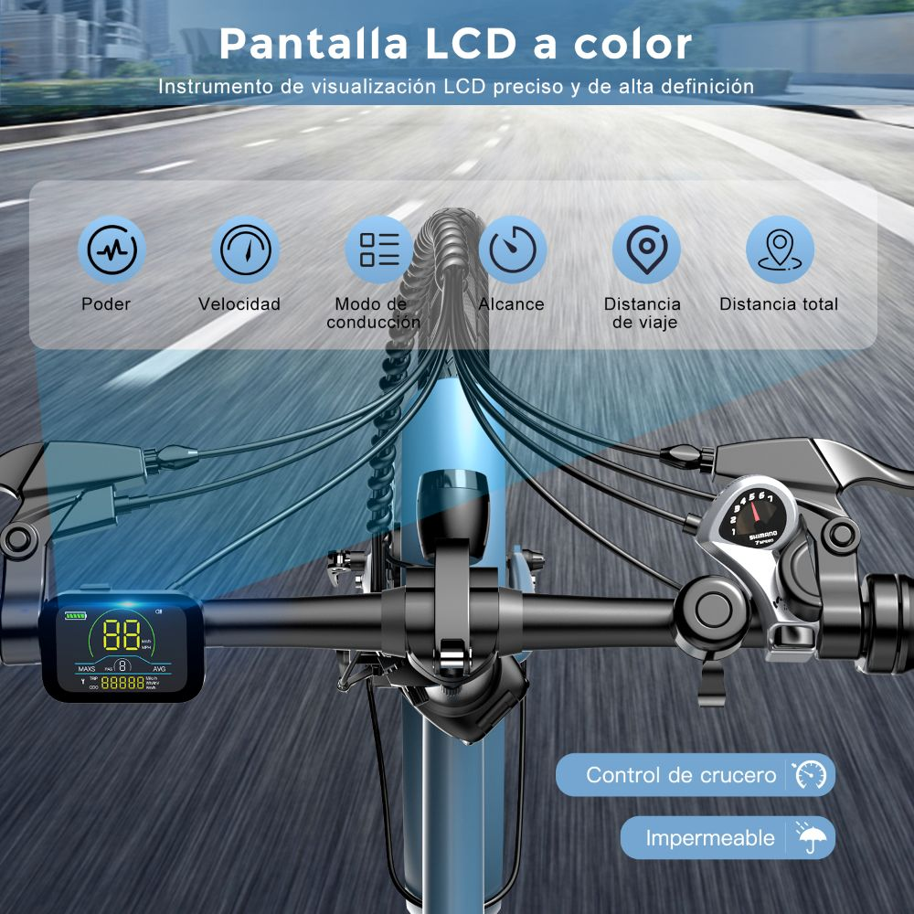 Un manillar de bicicleta con una pantalla LCD que muestra la velocidad y otras métricas. Son visibles iconos de potencia, distancia y control de crucero.
