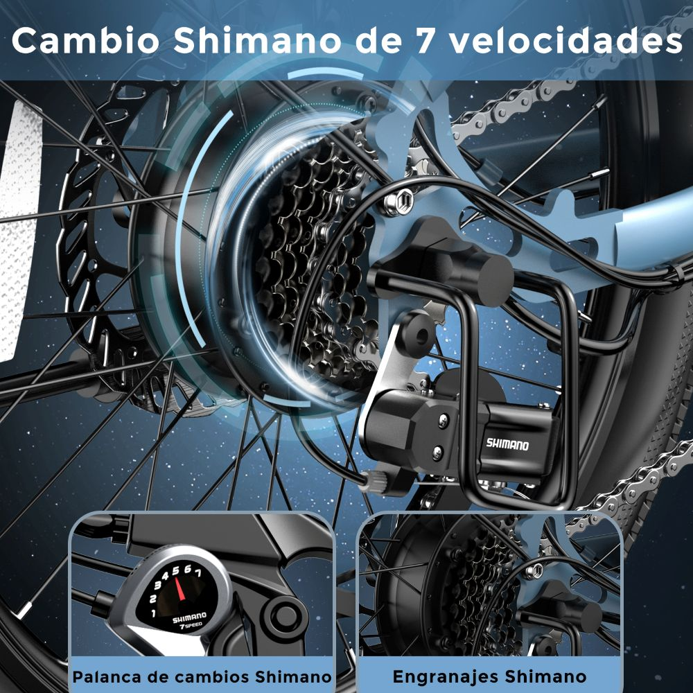 Primer plano del sistema de engranajes Shimano de una bicicleta. Incluye engranajes, un cambio de 7 velocidades y la marca Shimano.