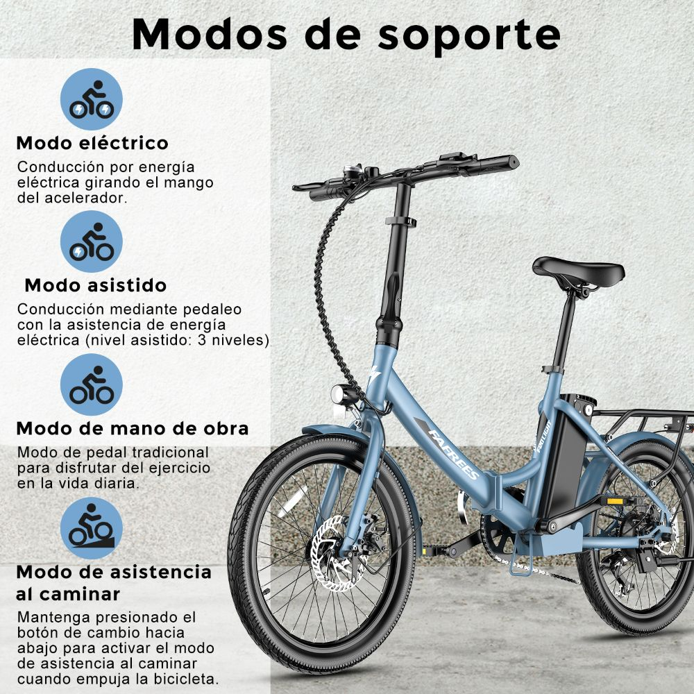 Una bicicleta eléctrica azul con texto que detalla los modos de soporte. Tiene cuatro modos: eléctrico, asistido, manual y asistencia al caminar.