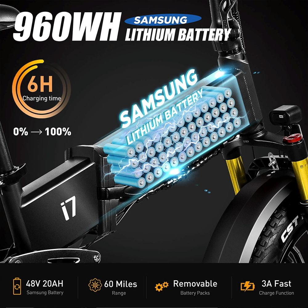 Una bicicleta eléctrica con batería de litio Samsung. Incluye 960WH, carga en 6H, 48V 20AH, 60 millas de alcance, paquetes extraíbles y carga rápida de 3A.