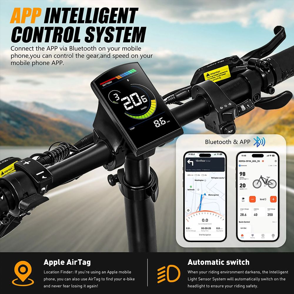 Manillar de bicicleta eléctrica con pantalla digital que muestra velocidad, batería e interfaz de aplicaciones con mapas y estadísticas de bicicleta.