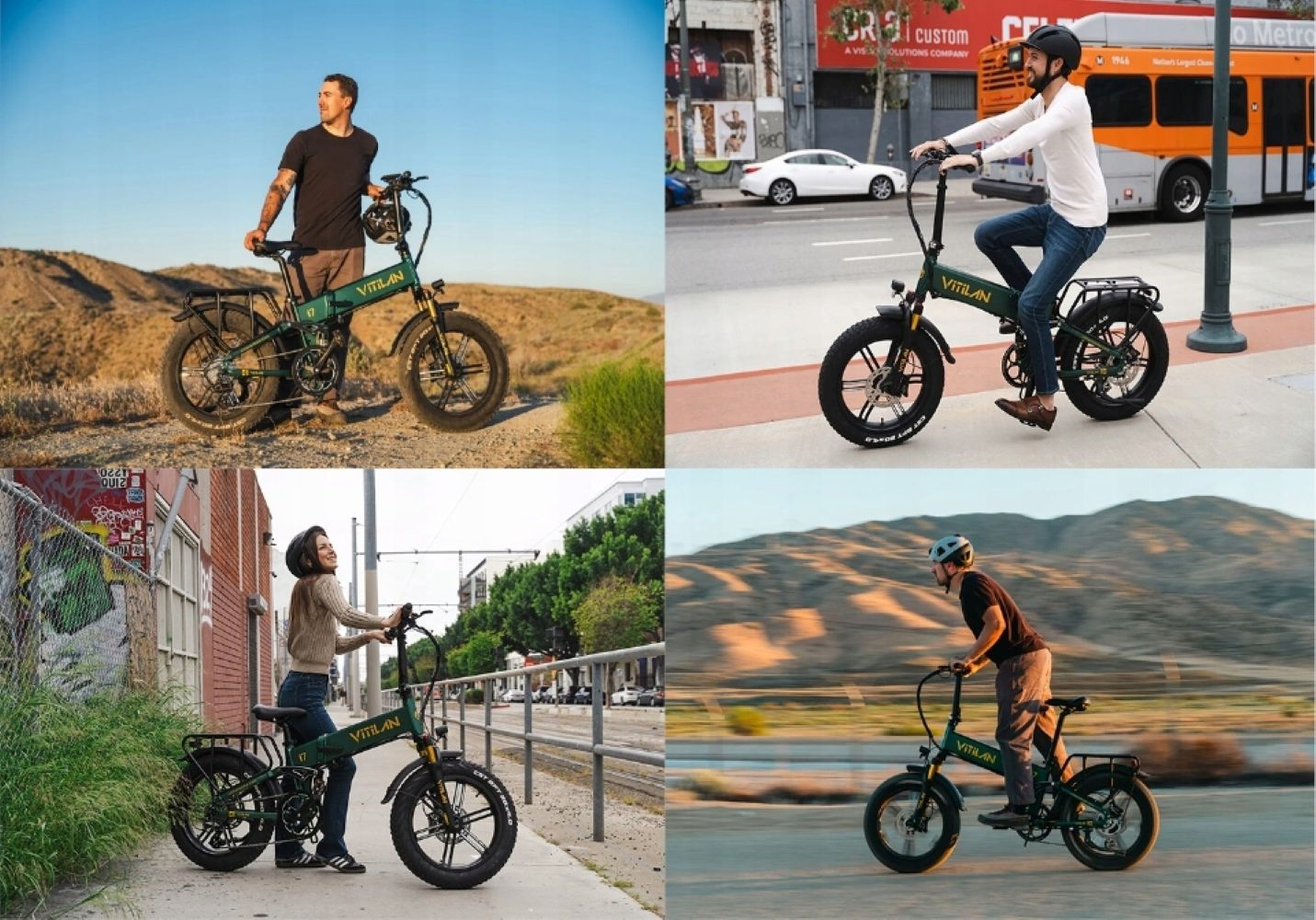 Cuatro imágenes muestran personas con bicicletas eléctricas Vitilan verdes. Las escenas incluyen un desierto, calles de la ciudad y una persona montando en una carretera.