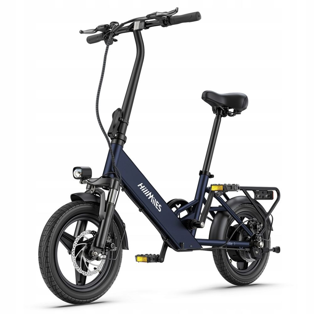 Una bicicleta eléctrica plegable azul oscuro. Tiene asiento, manillar, ruedas y cuadro negros. Un faro es visible en la parte delantera.