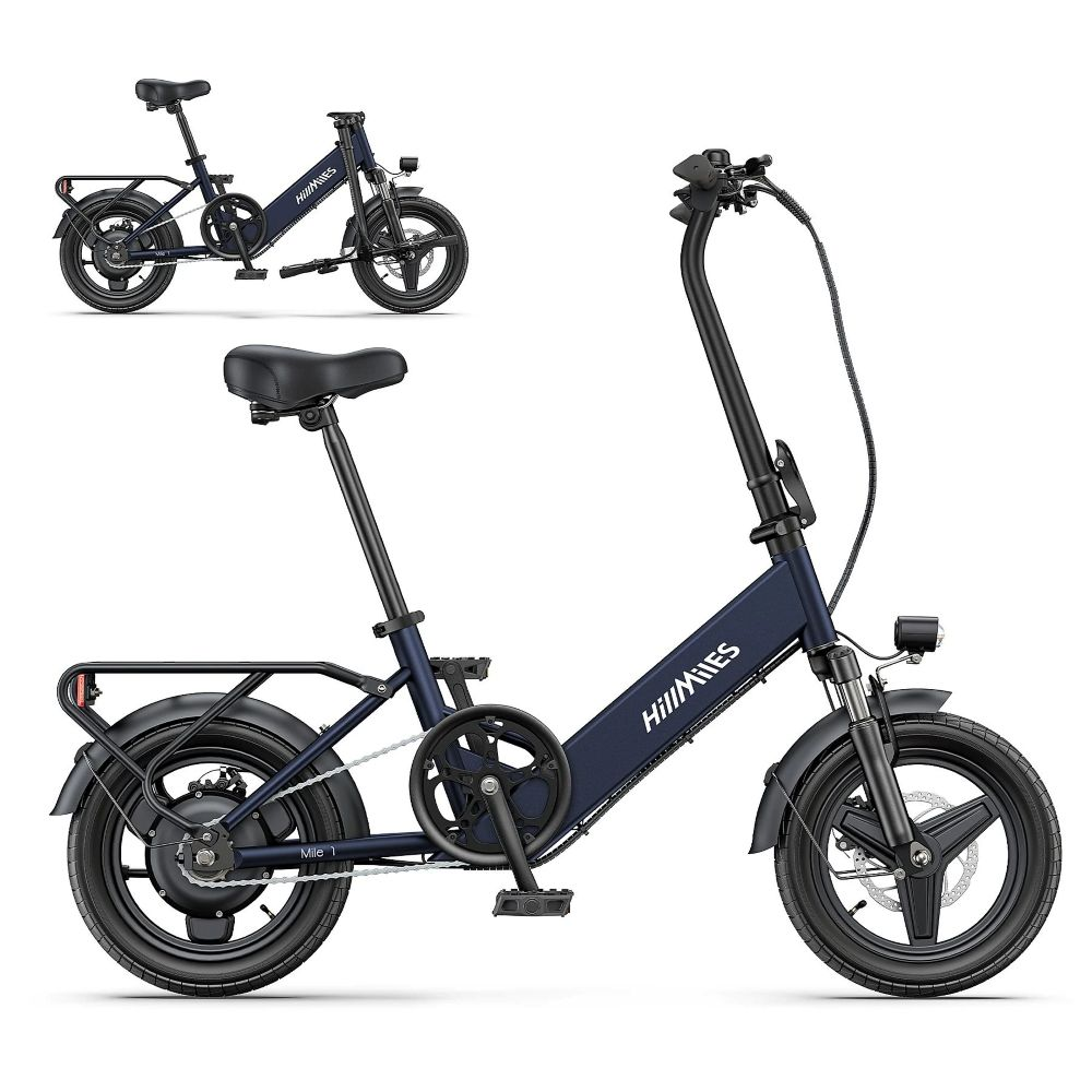 Una bicicleta eléctrica plegable azul marino con neumáticos y asiento negros, con la marca 'Hill Miles'. Se muestra otra bicicleta en la parte superior izquierda.