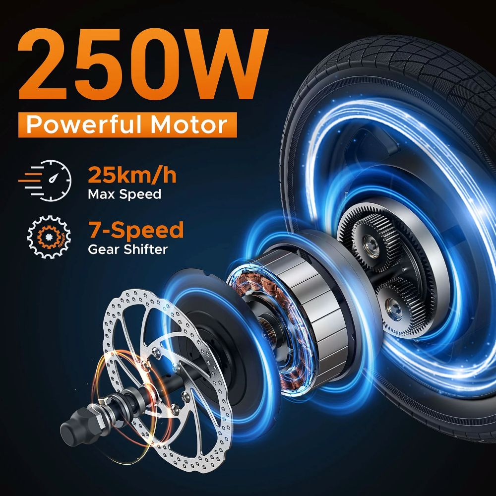 Diagrama de un motor de e-bike. Características clave: 250W, motor potente, 25km/h velocidad máxima y cambio de 7 velocidades.