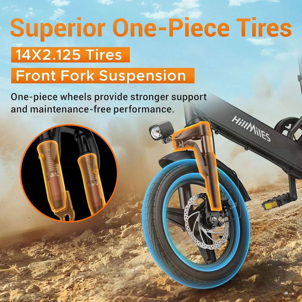 Rueda delantera de bicicleta eléctrica con suspensión naranja y neumático negro. El texto dice 'Superior One-Piece Tires' y 'Front Fork Suspension'.