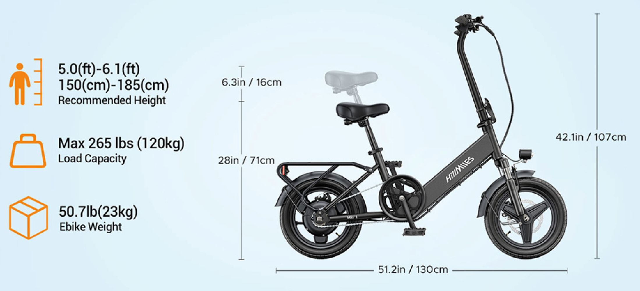 Una bicicleta eléctrica se muestra con dimensiones y especificaciones que incluyen altura, capacidad de carga y peso.