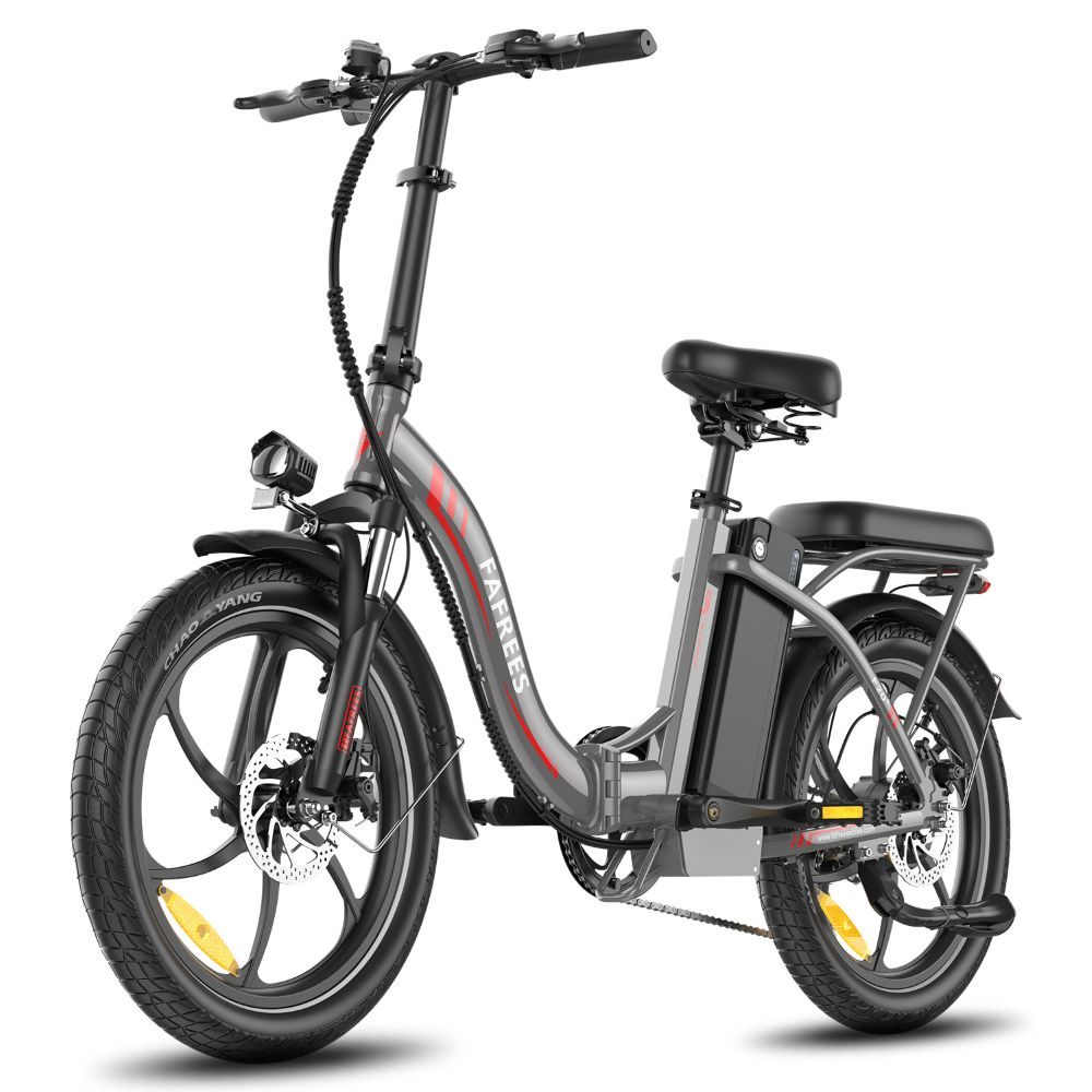 Una bicicleta eléctrica gris con neumáticos y asiento negros, con la etiqueta 'FAFREES' en el marco. Tiene faro y batería.