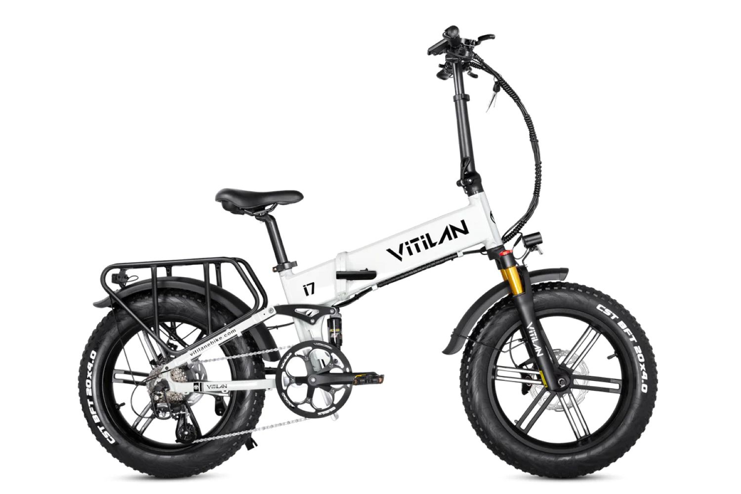 Bicicleta eléctrica plegable blanca VILIAN i7 con neumáticos negros, portaequipajes y asiento. El fondo es blanco.