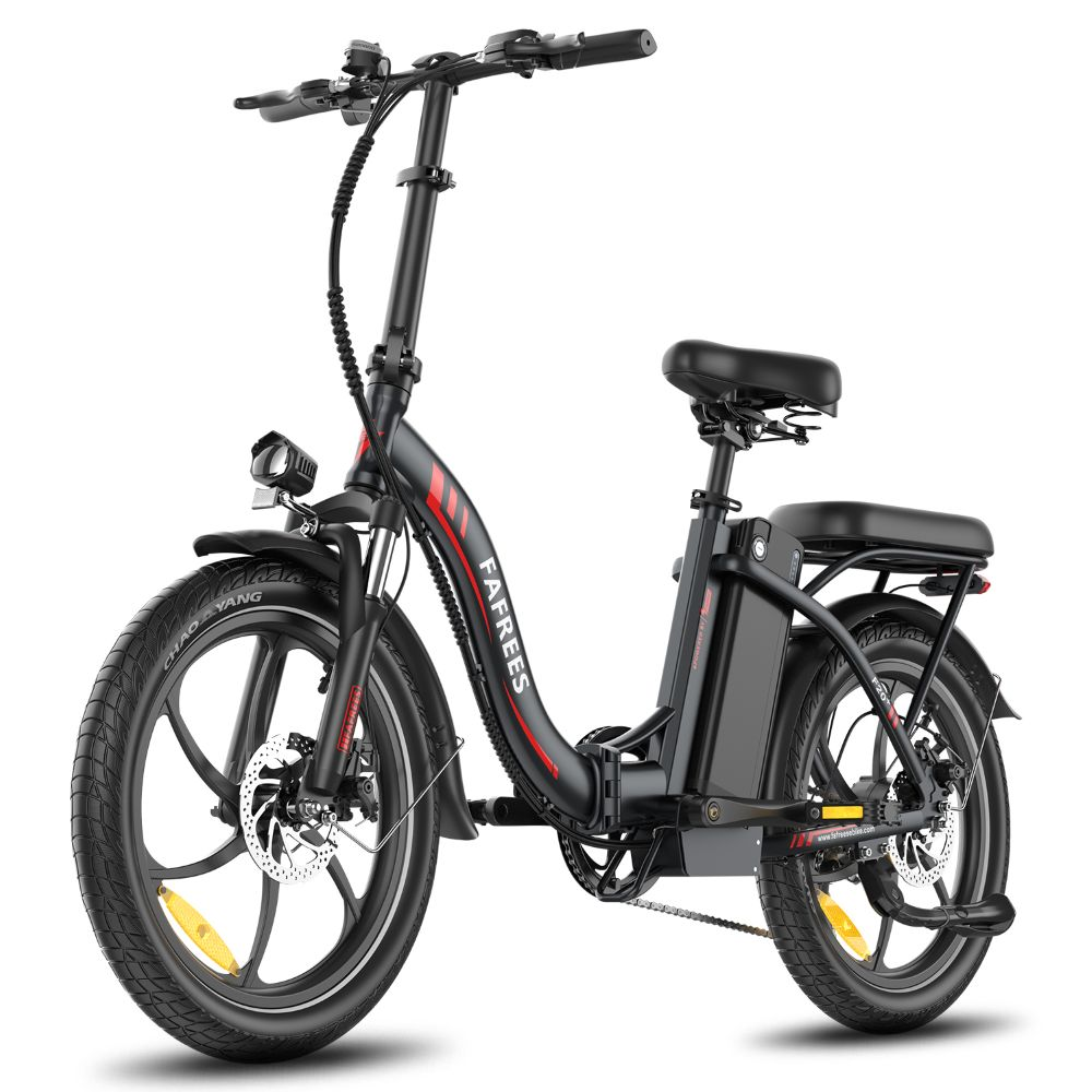 Una bicicleta eléctrica FAFFREES negra. Tiene neumáticos negros, un asiento negro y detalles en rojo. La bicicleta está sobre un fondo blanco.