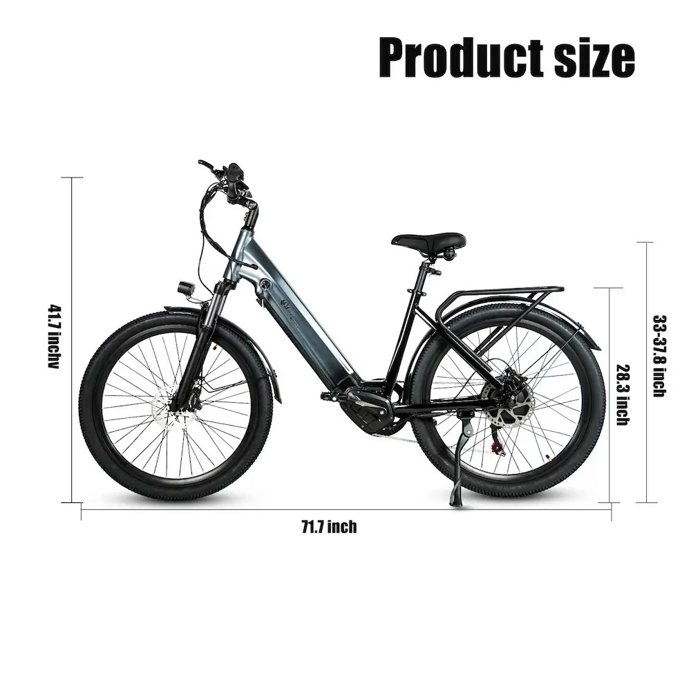 Una e-bike è visualizzata con informazioni sulle dimensioni. Ha pneumatici neri, telaio grigio e dimensioni: 71,7, 41,7 e 28,3 pollici.