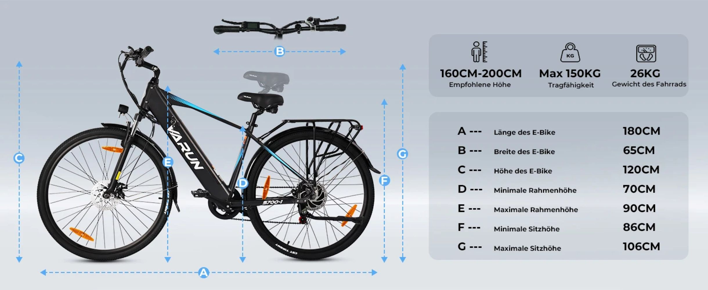 Una bicicleta eléctrica con medidas. Tiene cuadro negro, detalles azules y reflectores naranjas. La información incluye altura, peso y dimensiones.