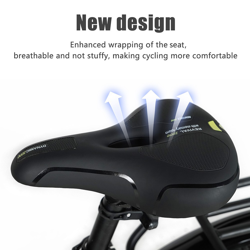 Sella bici nera con testo: REVIVAL zone, DYNAMIC zone. Frecce indicano traspirabilità. Testo: Nuovo design. Avvolgimento migliorato.