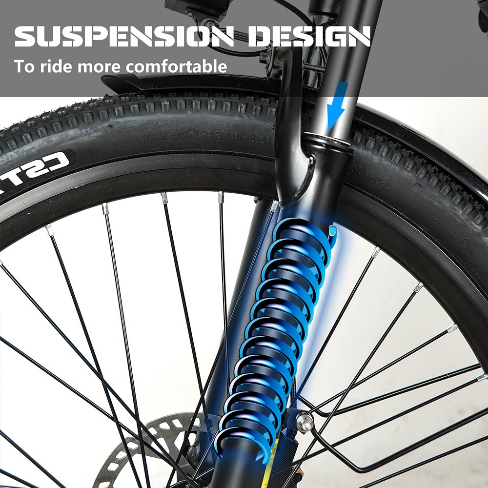 Primo piano del design della sospensione di una bicicletta. Viene evidenziata una molla blu. Sono visibili lo pneumatico e i raggi della ruota. Il testo dice "Suspension Design".