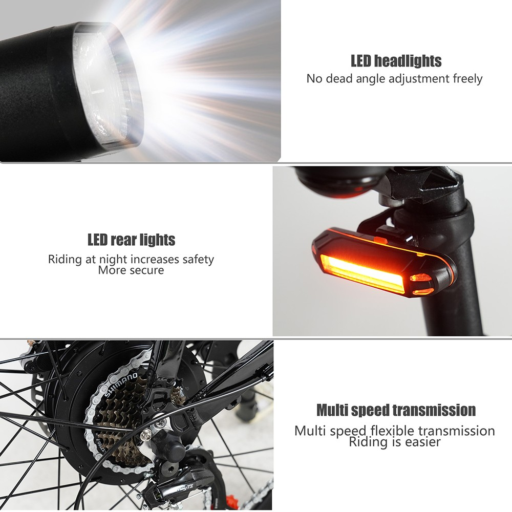 L'immagine mostra i fari a LED, le luci posteriori e i componenti della trasmissione a più velocità di una e-bike con testo descrittivo.
