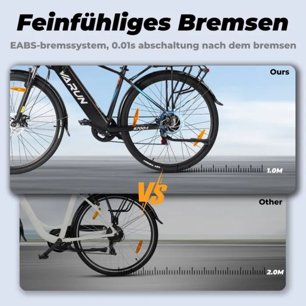 La imagen compara dos bicicletas, una negra y otra blanca, destacando el frenado. El texto dice 'Feinfühliges Bremsen' con especificaciones y 'VS' en naranja.
