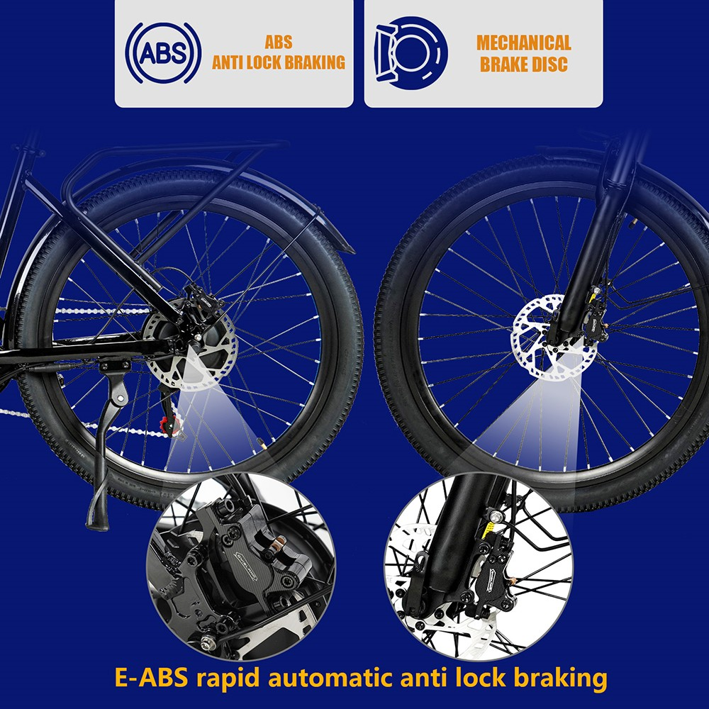 L'immagine mostra ruote di bicicletta, dischi freno e primi piani di sistemi frenanti con testo che descrive le caratteristiche ABS e freno meccanico.