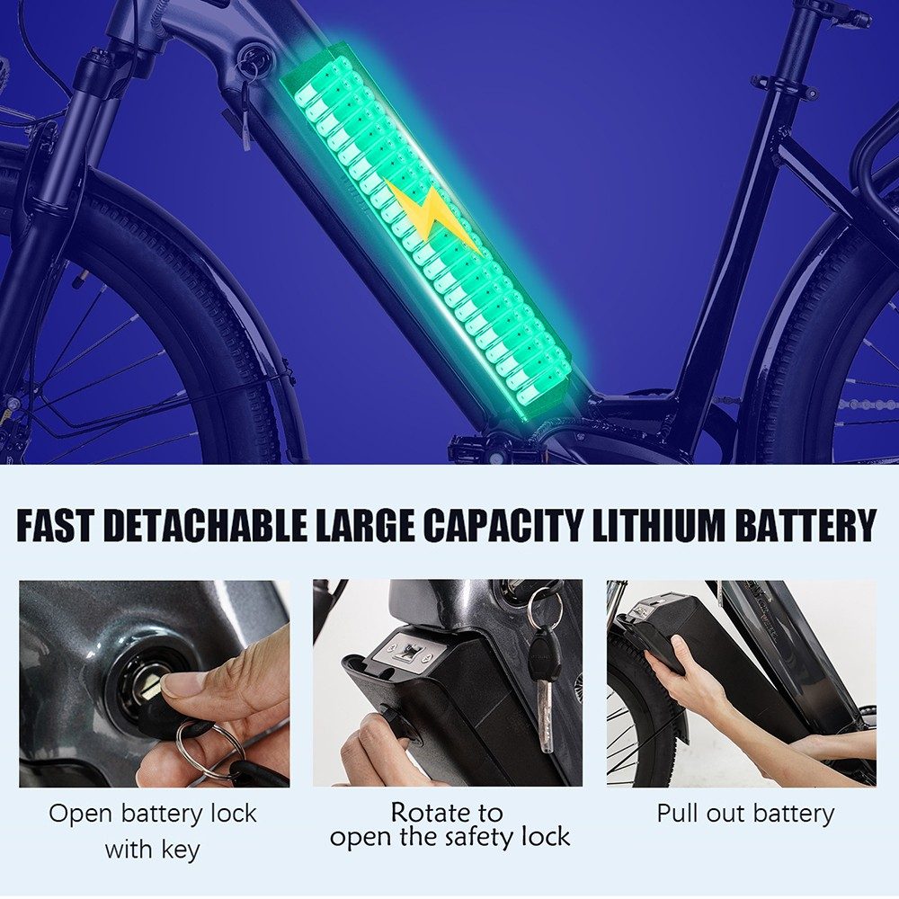 Una batteria e-bike illuminata, con testo che mostra i passaggi per rimuoverla: aprire la serratura con la chiave, ruotare il blocco di sicurezza ed estrarre la batteria.