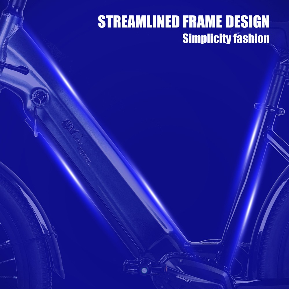 Primo piano di un telaio di bicicletta nero su sfondo blu. Il testo recita 'Streamlined Frame Design' e 'Simplicity fashion'.