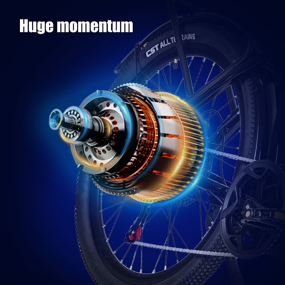 Primo piano di una ruota di bicicletta con motore. Il motore è evidenziato, con effetti di luce arancione e blu su sfondo blu scuro.