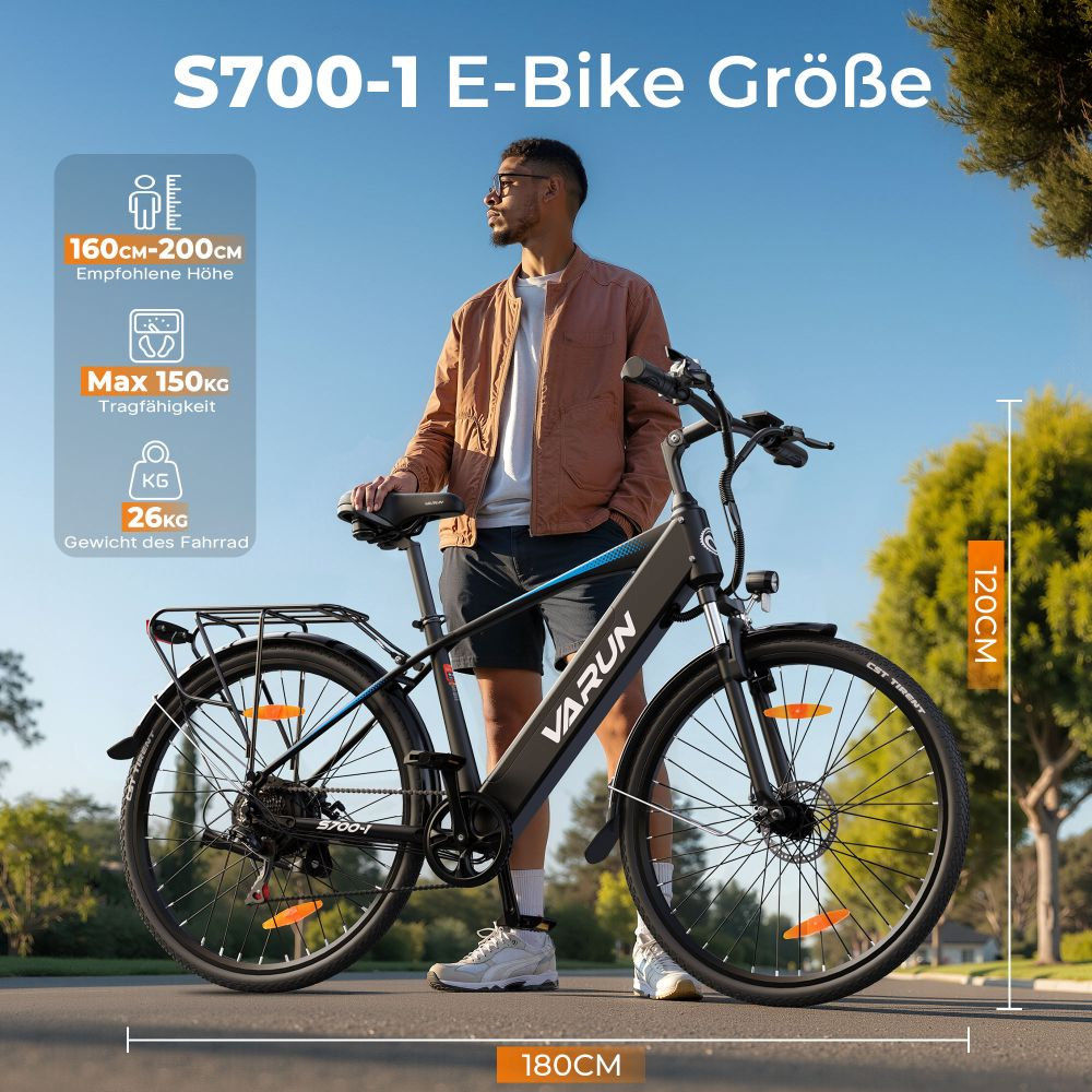 Un hombre junto a una e-bike negra con detalles azules. Incluye datos de altura, capacidad de peso y peso de la bicicleta. Fondo de carretera.