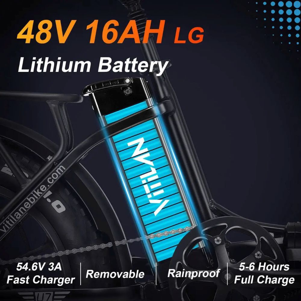 Viene mostrata una batteria per e-bike con il marchio Vitilan. La batteria è nera e blu con la scritta '48V 16AH LG Lithium Battery'.