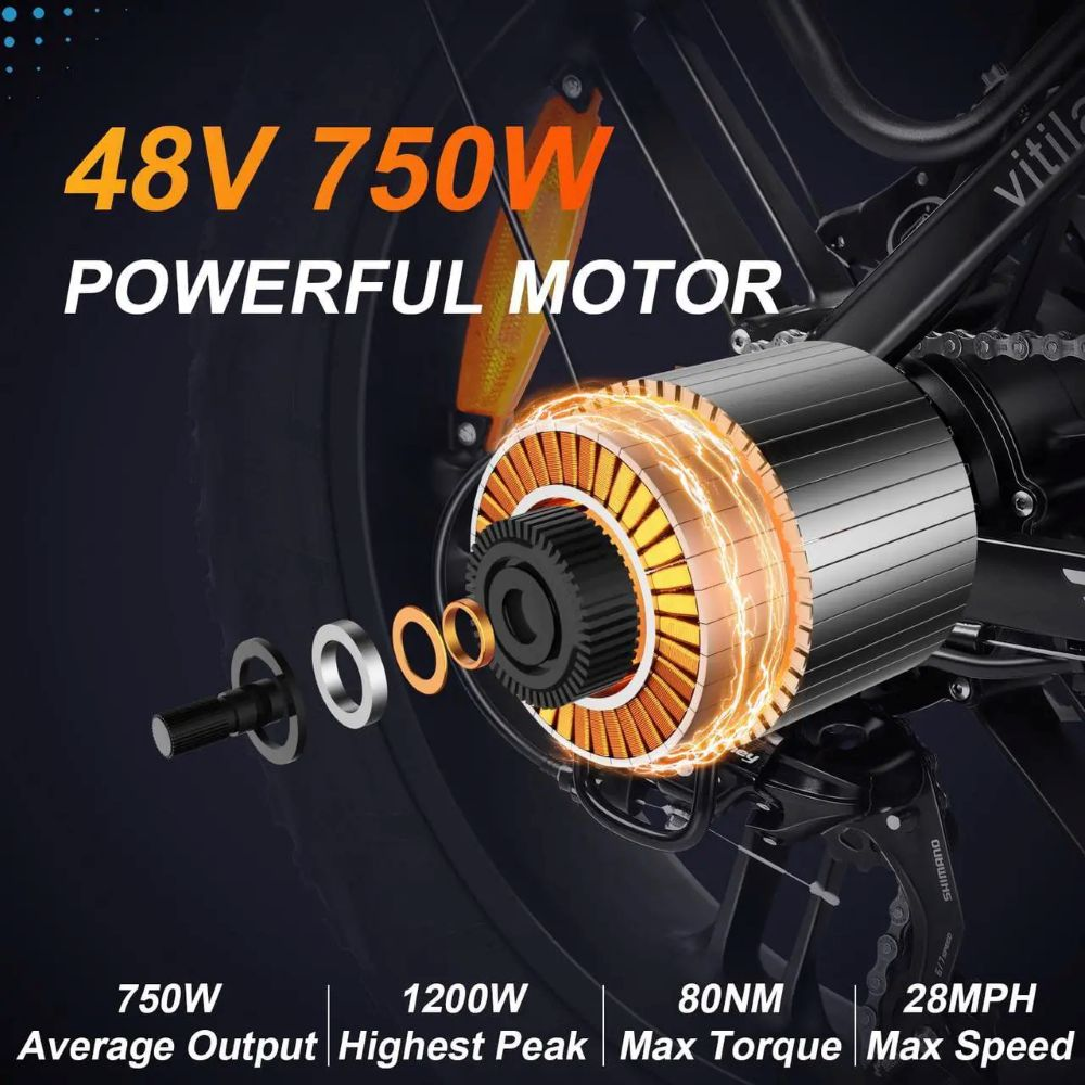Imagen de un motor de bicicleta eléctrica con texto: 48V 750W POWERFUL MOTOR. Detalles: 750W, 1200W, 80NM, 28MPH.