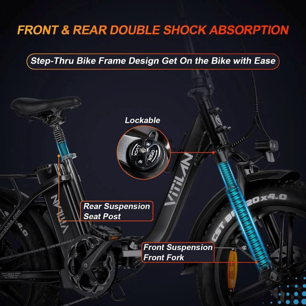 Bicicleta eléctrica negra con doble absorción de impactos. Cuenta con un mecanismo bloqueable, tija de sillín de suspensión trasera y horquilla delantera de suspensión delantera.