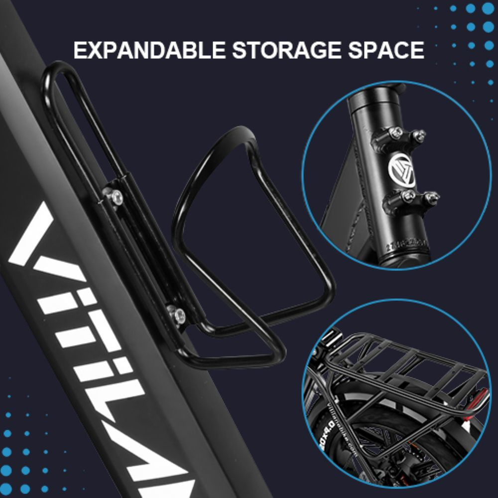 Cuadro de bicicleta negro con portabotellas y primeros planos de piezas de bicicleta. Texto: Expandable Storage Space. Fondo azul.