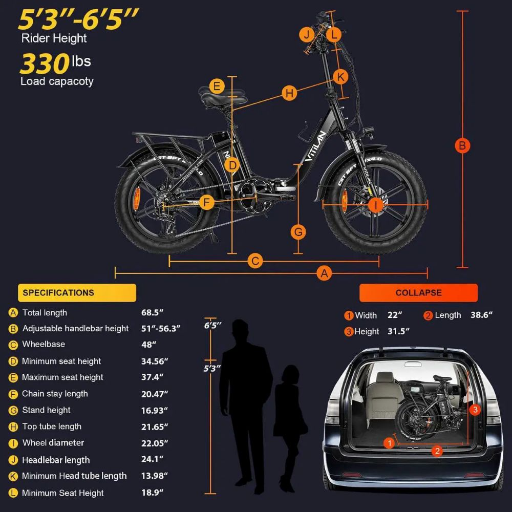 Bicicleta eléctrica Vitilan negra con especificaciones, dimensiones y vista del maletero. Figuras muestran altura del ciclista, capacidad de carga y detalles.