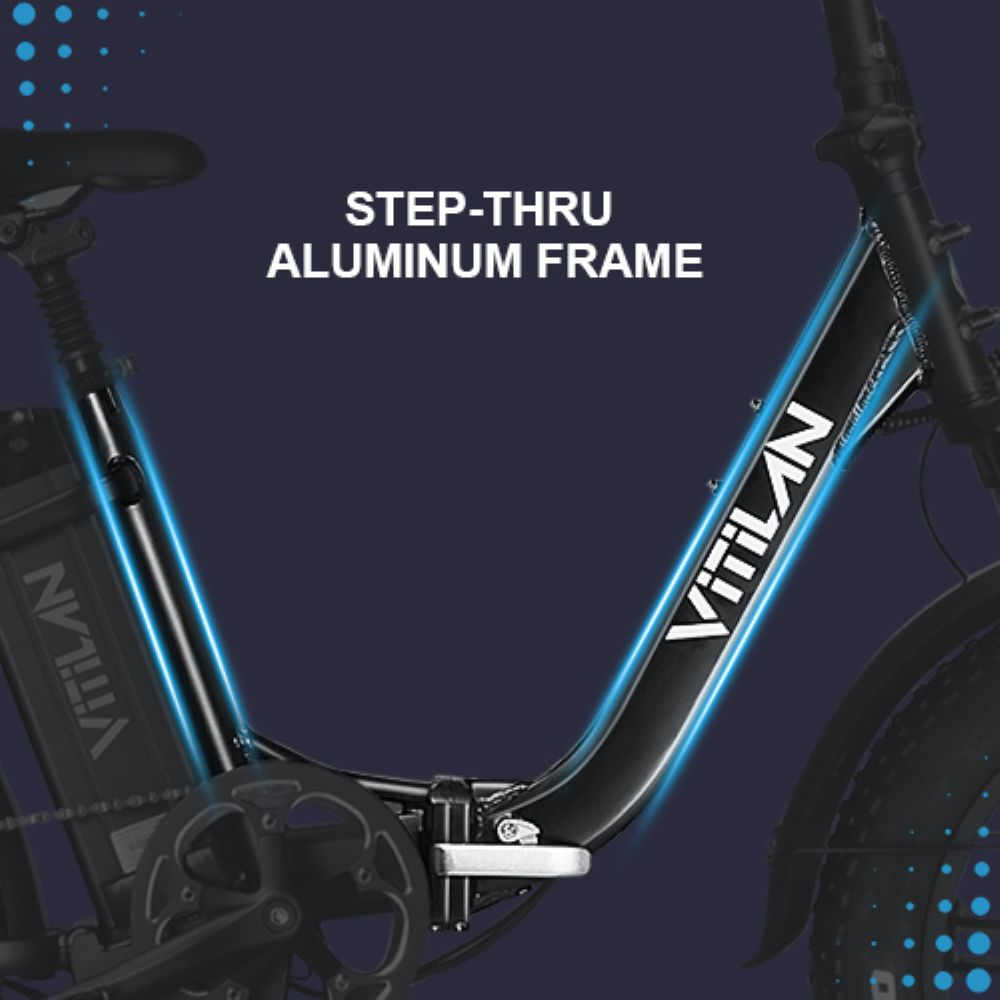 Bicicleta eléctrica de cuadro de aluminio negro con paso bajo, con la marca 'VitiLan' y fondo azul oscuro.