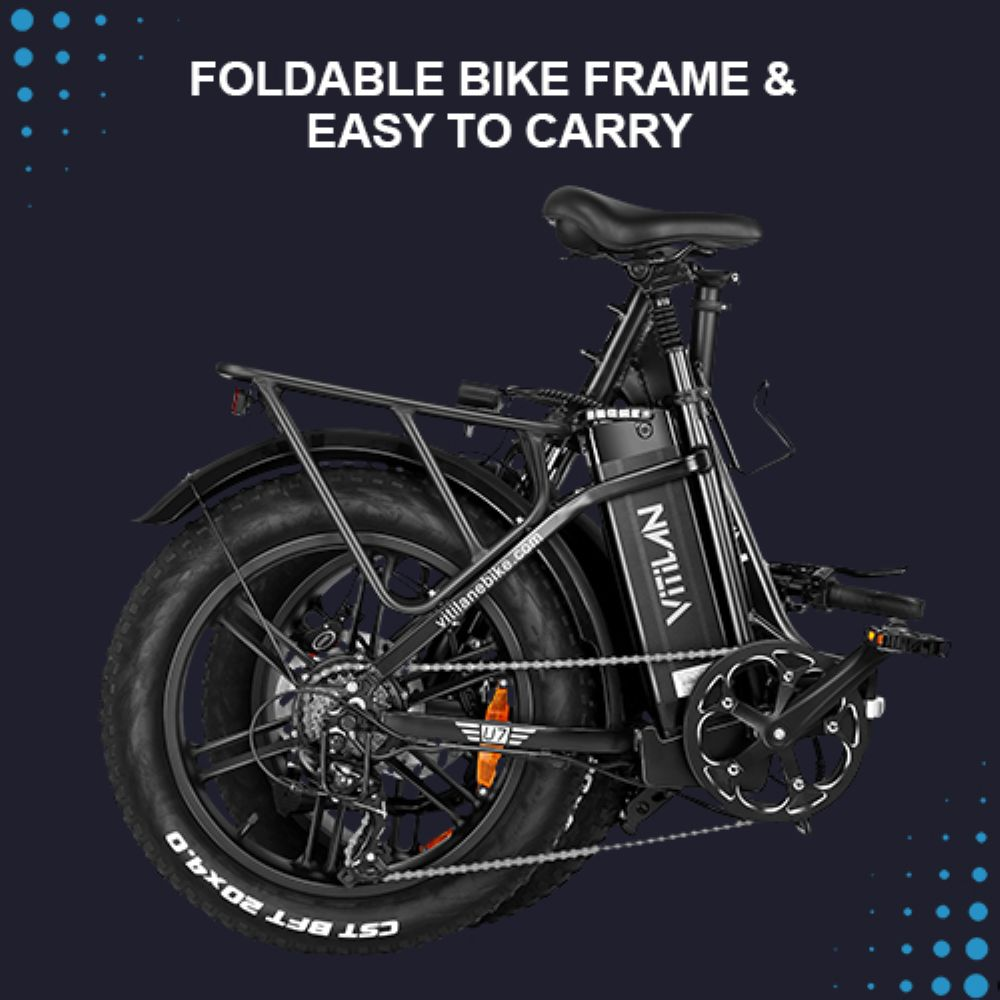 Una bicicleta eléctrica plegable negra sobre un fondo azul oscuro. La bicicleta tiene neumáticos gruesos, un portaequipajes y el texto 'Cuadro de bicicleta plegable y fácil de transportar'.