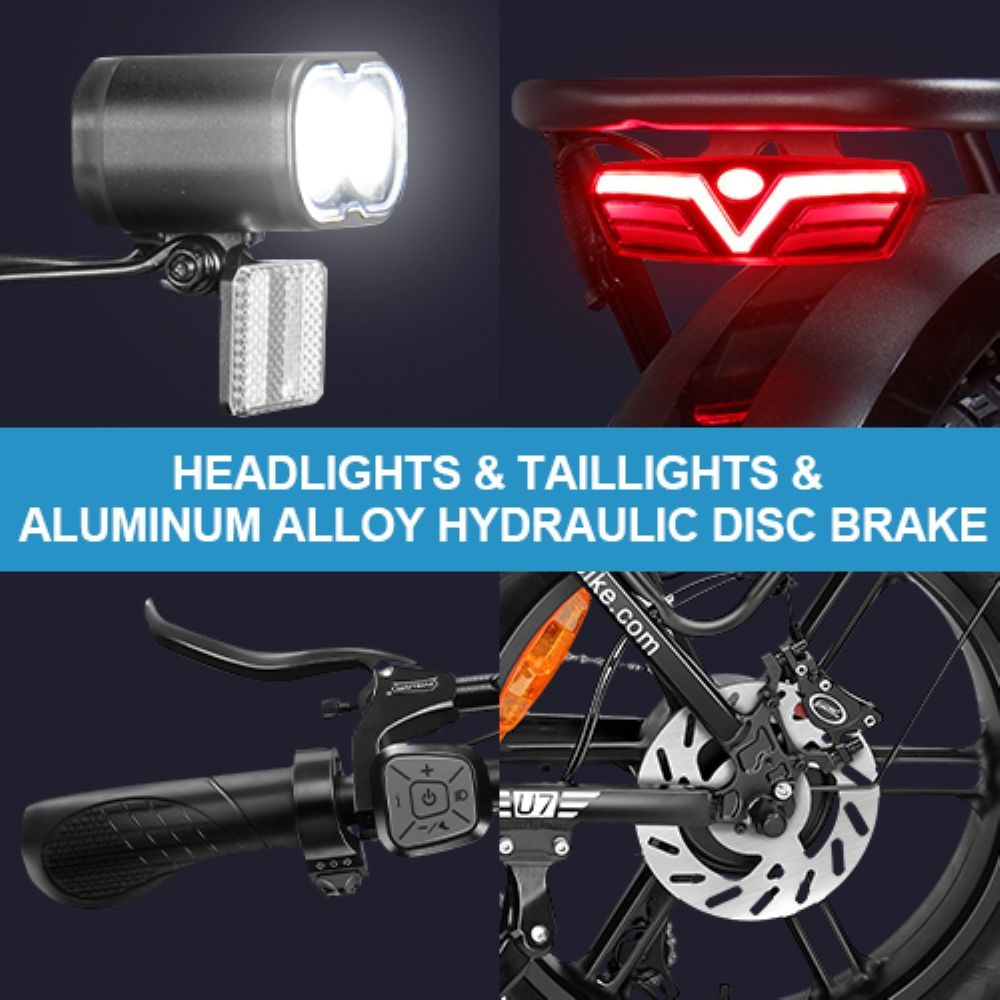 La imagen muestra piezas de bicicleta: faros, luces traseras, controles del manillar y freno de disco. Superposición de texto: Faros, luces traseras y freno de disco hidráulico de aleación de aluminio.