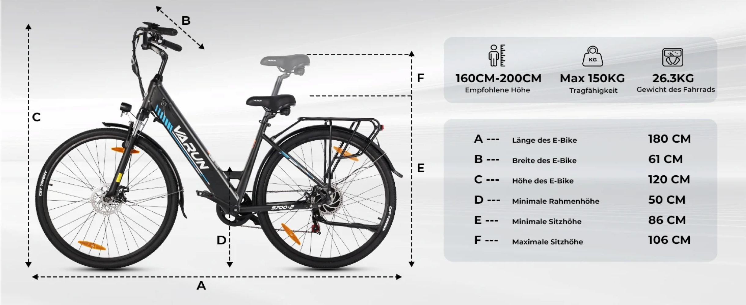 Bicicleta eléctrica negra con dimensiones y especificaciones. La bicicleta está etiquetada como 'VARUN' y '5700-2'.