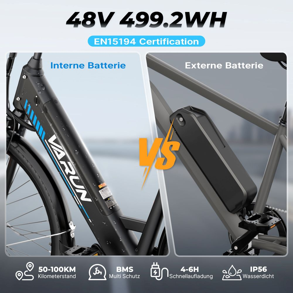 La imagen muestra una bicicleta eléctrica, comparando opciones de batería interna y externa. Muestra características como autonomía, protección de batería y carga rápida.