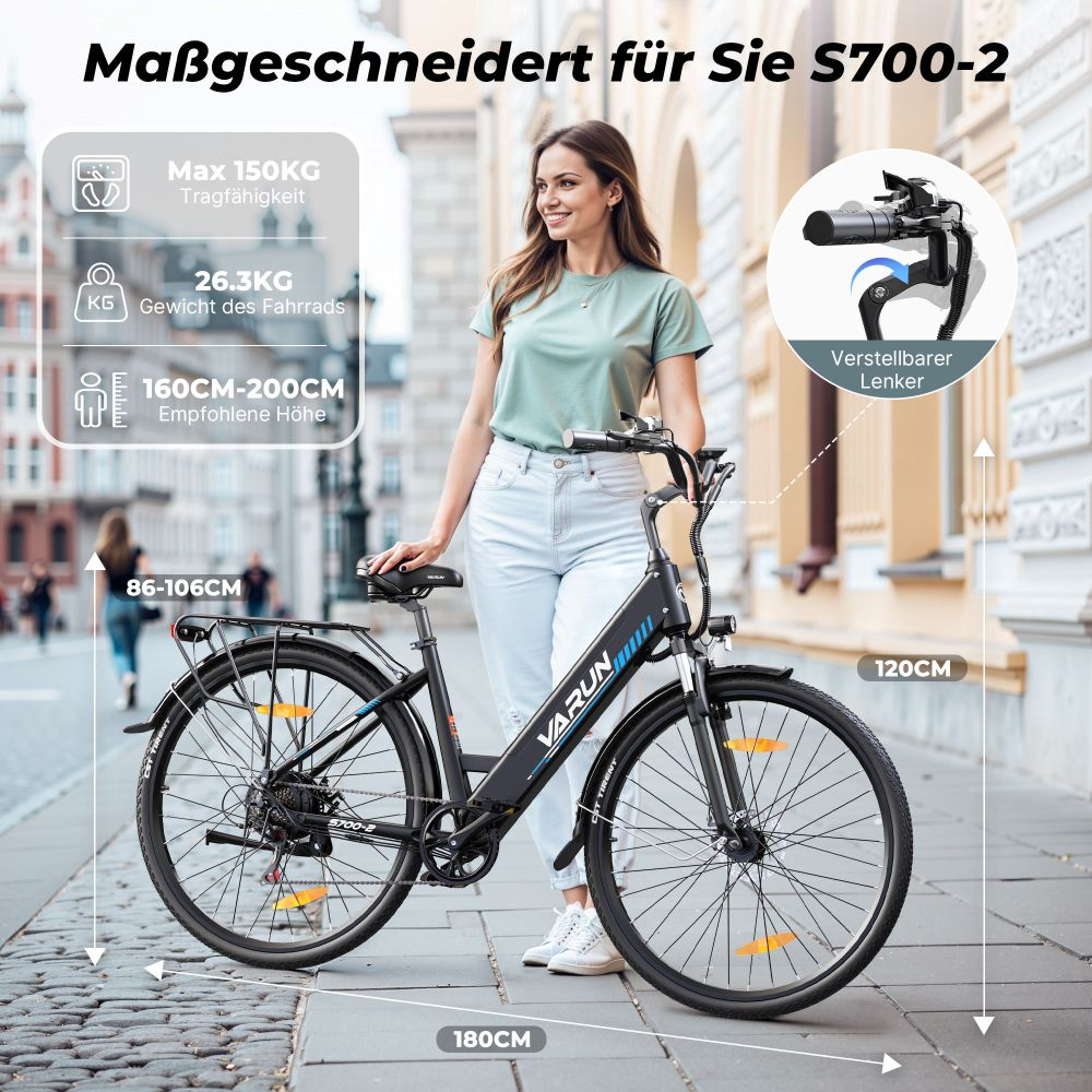 Una mujer junto a una e-bike VARUN negra. La imagen muestra especificaciones y dimensiones de la bicicleta.