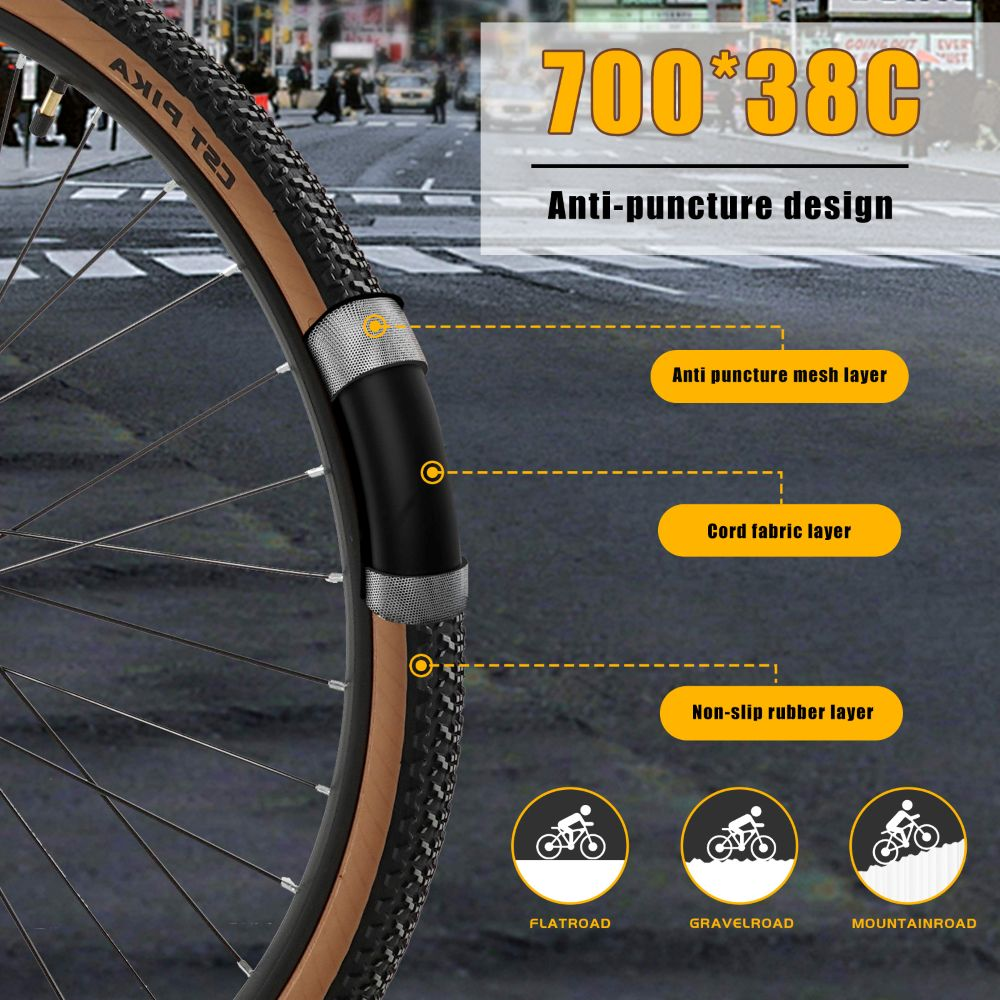 Pneumatico per bici con design anti-foratura. Mostra strati: rete, tessuto a corda, gomma. Icone per strade pianeggianti, sterrate e di montagna.