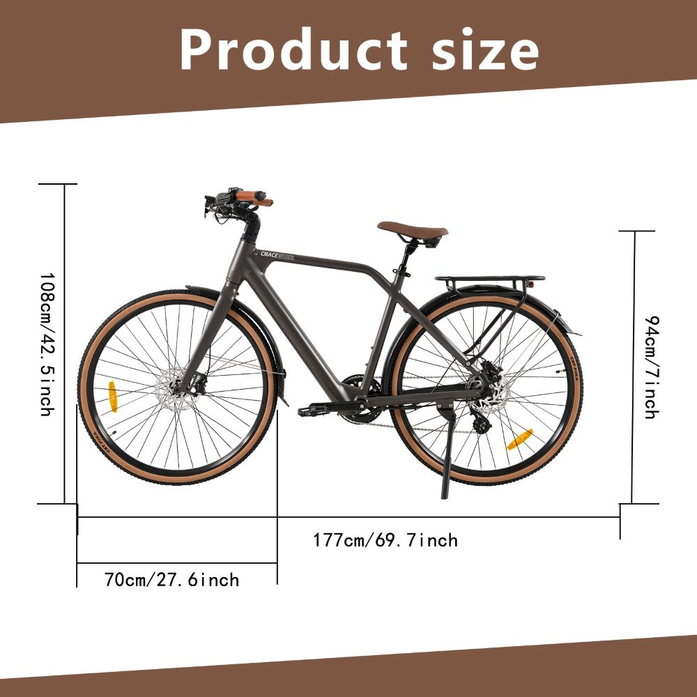 Una bicicletta grigia con pneumatici marroni, sella marrone e manubrio. Dimensioni: altezza 108 cm, lunghezza 177 cm e larghezza 70 cm.