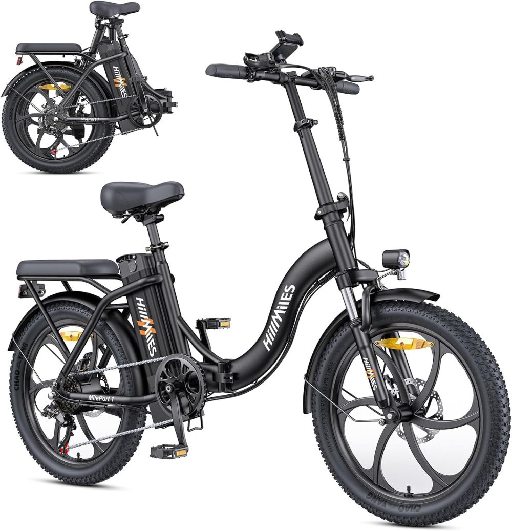 È mostrata una bici elettrica pieghevole HillMiles nera. Ha pneumatici spessi, un faro e un portapacchi. È mostrata una bici piegata.