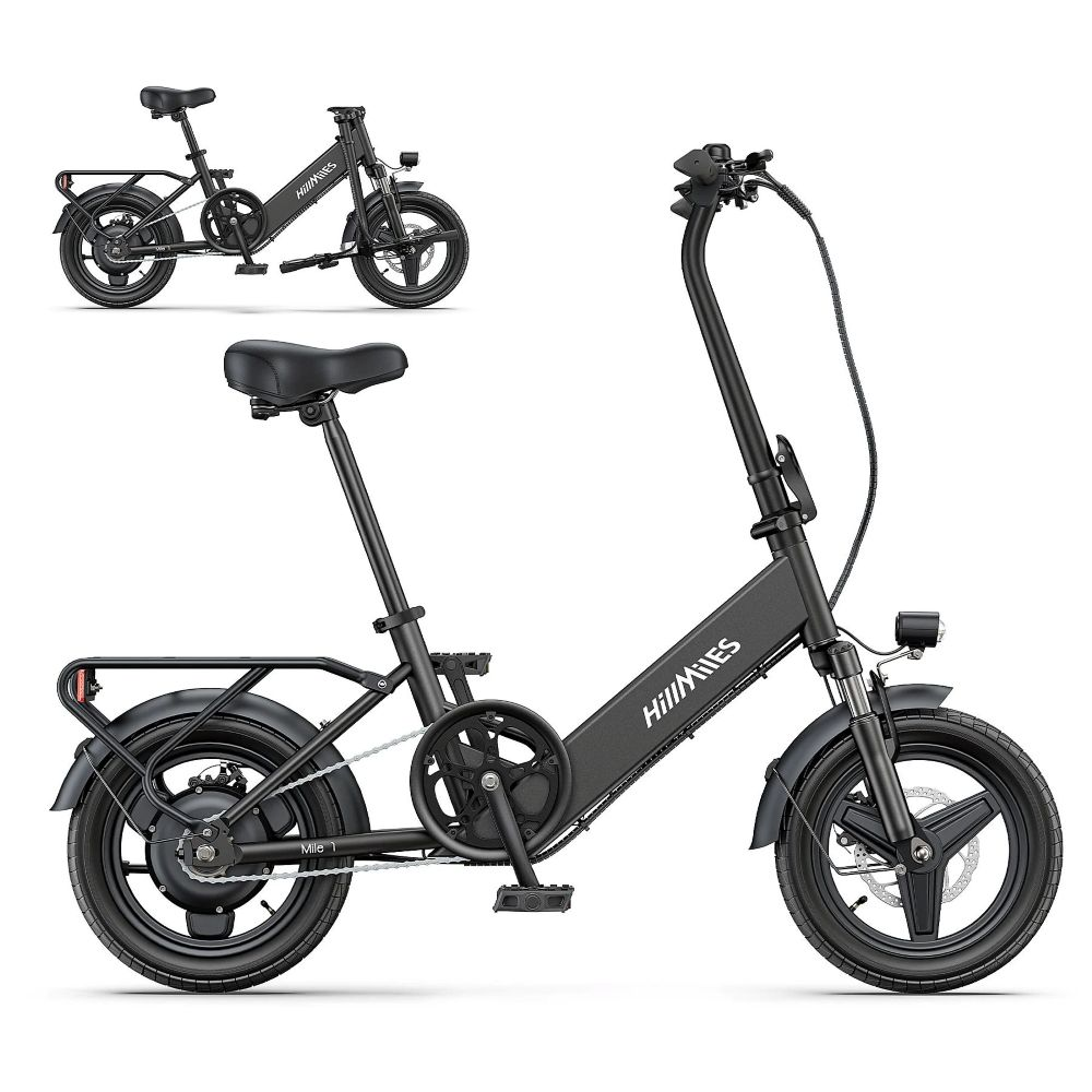 Una bicicleta eléctrica plegable negra con ruedas pequeñas. Incluye un portaequipajes trasero y faro. La marca es visible en el marco.