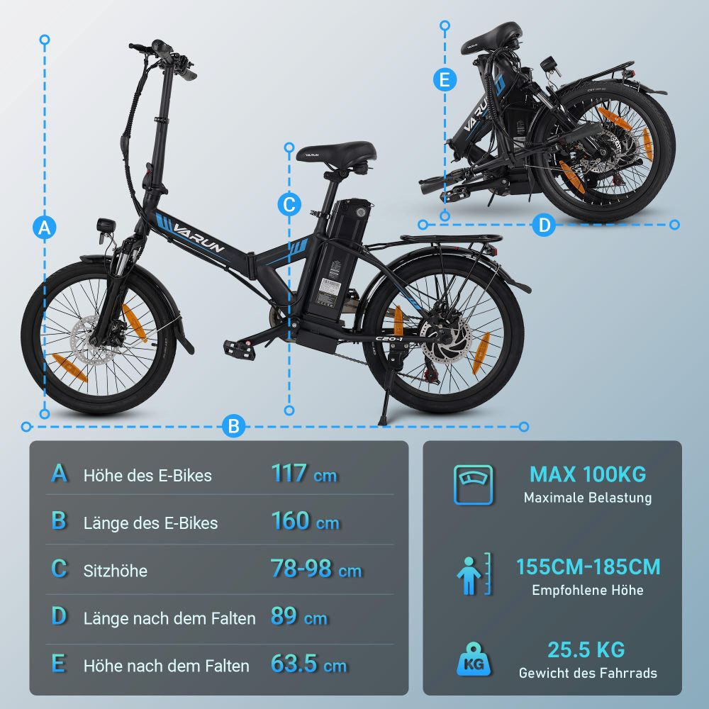 Bicicleta eléctrica Varun negra con reflectores naranjas. Medidas: altura, longitud, dimensiones plegadas, peso e información de capacidad.