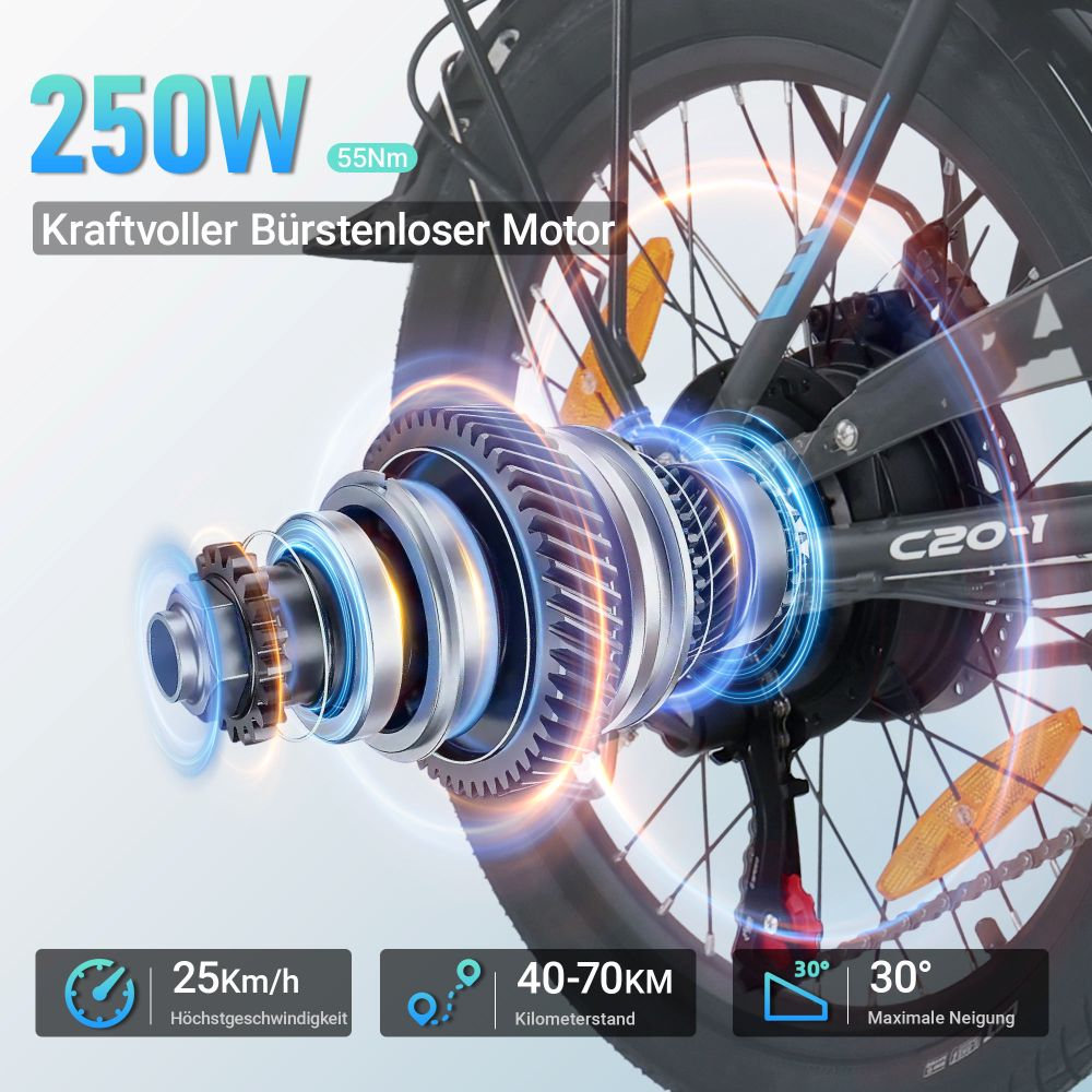 Rueda trasera de e-bike con detalles técnicos: motor 250W, velocidad 25km/h, autonomía 40-70km e inclinación 30 grados.
