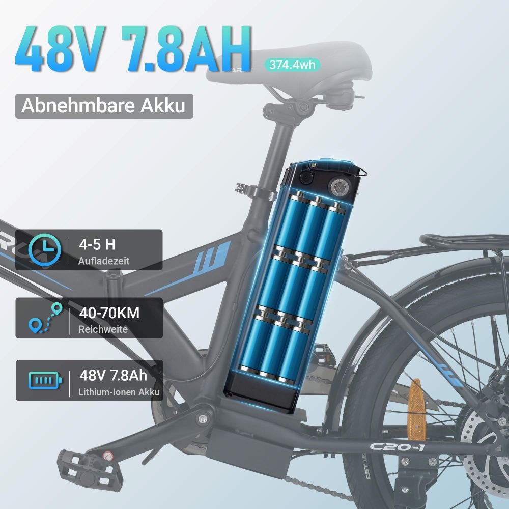 Una bicicleta eléctrica con una gran batería, con especificaciones como 48V 7.8Ah, rango de 40-70KM y tiempo de carga de 4-5 horas.