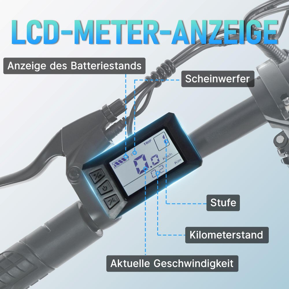 El panel del patinete eléctrico muestra batería, velocidad (0,0 km/h), distancia del viaje (0,2 km), y otros indicadores.