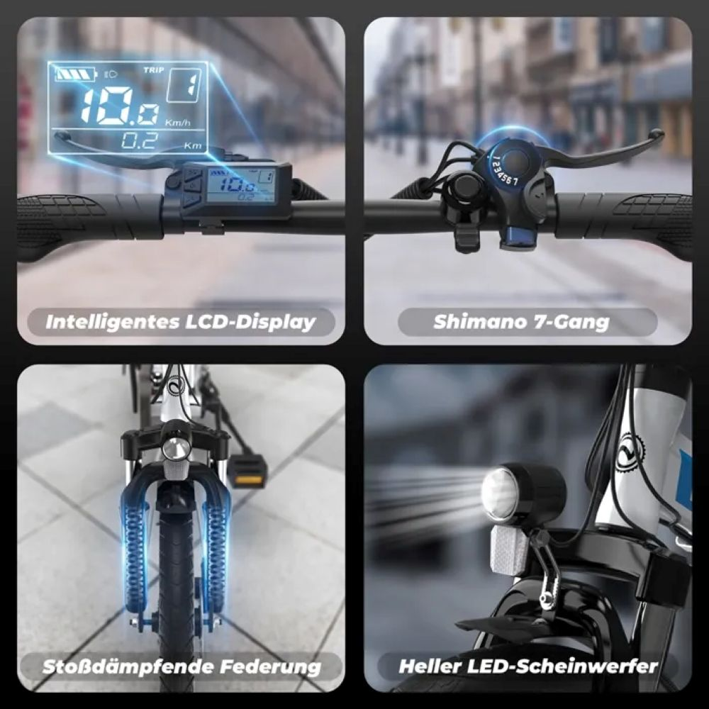 Detalles del patinete eléctrico: Pantalla LCD con velocidad, Shimano de 7 velocidades, horquilla de suspensión y faro LED, todo en primer plano.